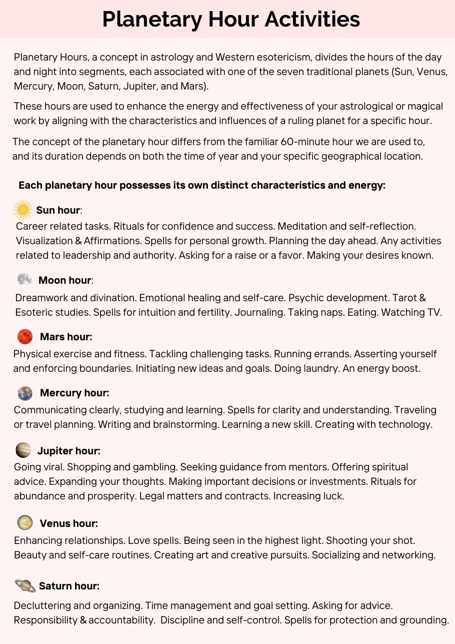 Planetary hour activities — what to do in each planet's hour