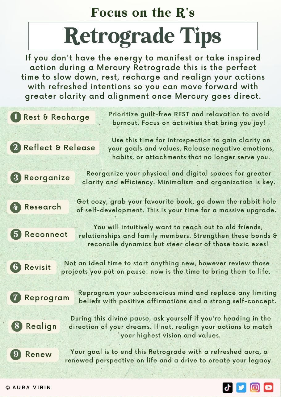 Retrograde tips — rest, reflect, reorganize, research, reconnect, revisit, reprogram, realign, renew